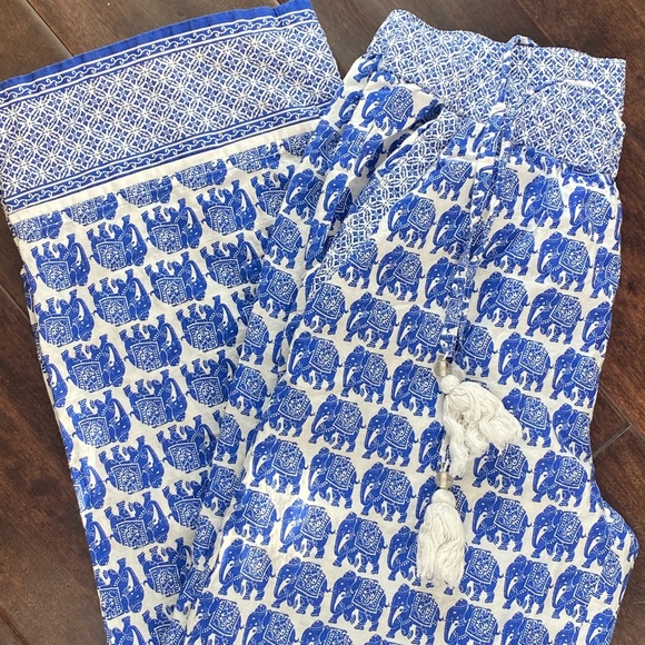 Blue & White Tassel Elephant Block Print Elastic Waist Pull on Pants Trousers - Picture 2 of 8